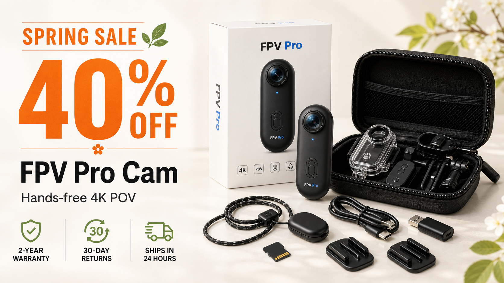 FPV Pro Cam Spring Sale hero offer with product box and accessory bag