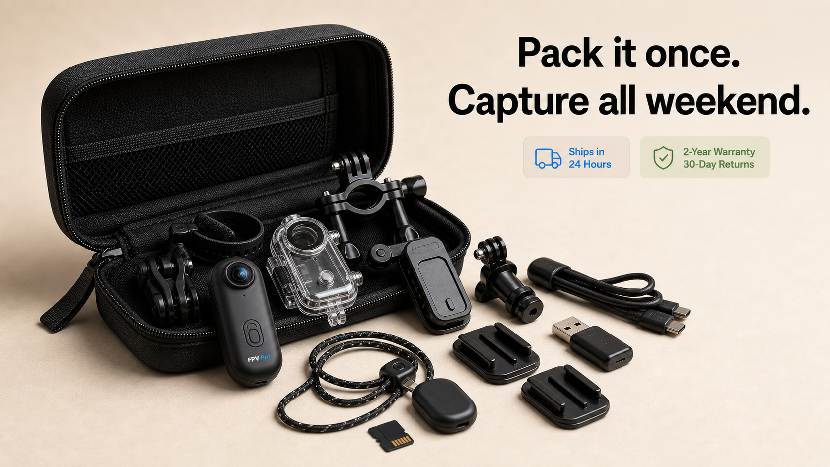 FPV Pro accessory bag open with full kit flowing out