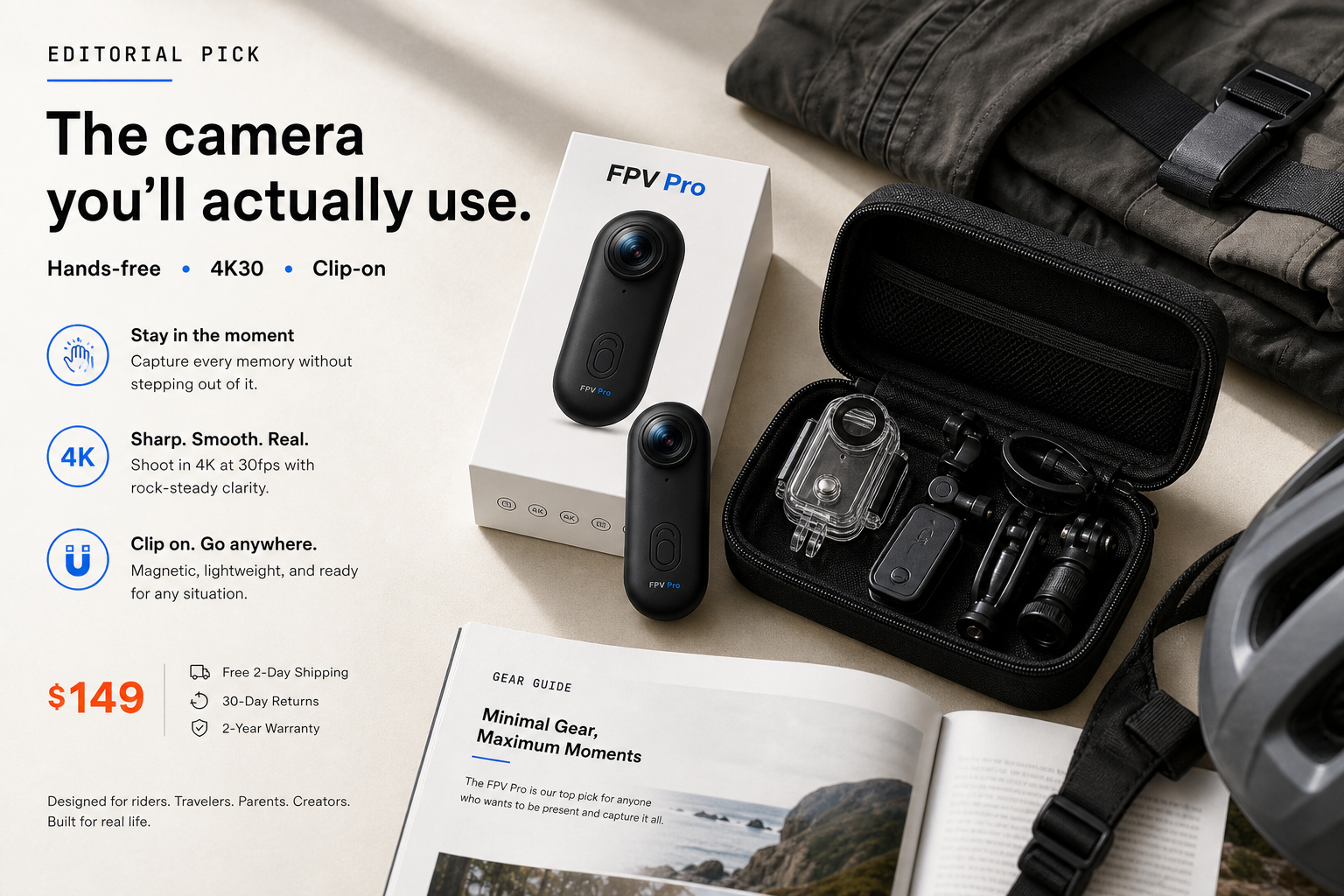 Editorial product spread with FPV Pro box and accessory bag